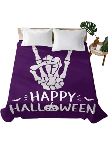 Twin Size Halloween Spooky Skeleton & Pumpkin Microfiber Flat Sheet - Purple