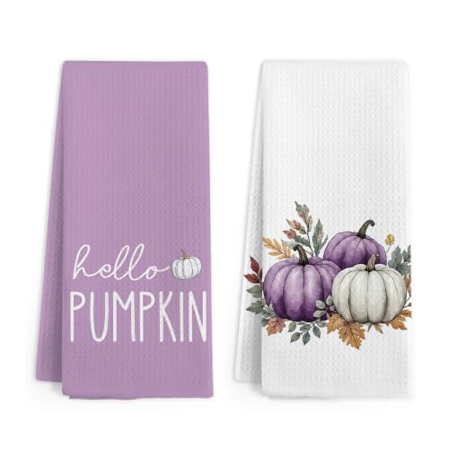 Fall Hello Pumpkin Kitchen Hand Towels Set of 2 - Purple Fall Theme, 16x24 Inches - Fall7 Variation