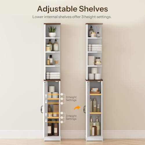 HOOBRO Small Corner Bathroom Cabinet with Reversible Door – White Walnut Finish, 8.3 x 8.3 x 65.8 inches