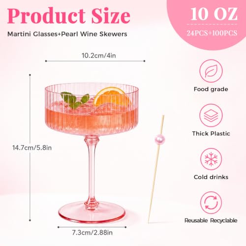 Pink Martini Glass Set 10 Oz Plastic Ribbed Coupe Glasses - Variation of Pink 24