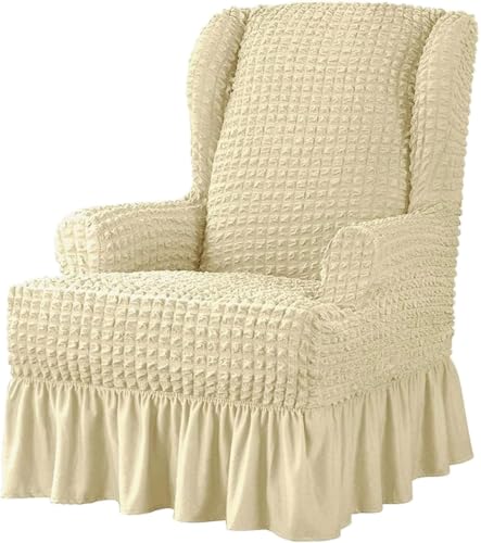 Beige Wing Back Chair Slipcover with Skirt - Non Slip Washable Furniture Protector