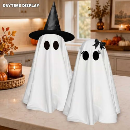 24 Inch Light Up Halloween Ghost Decorations - DIY Spooky Ghosts with Witch Hats, LED Lights, 2 Pack