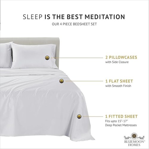 Bluemoon Homes Egyptian Cotton Sheets Queen Size 4 Piece Sheet Set - All Around Elastic 18" Deep Fitted Sheet, Extra Soft & Best Bed Sheets - Natural White Queen Bedding Set