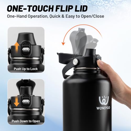 Premium 64oz Insulated Water Bottle Leak Proof with Carrier Bag - Black