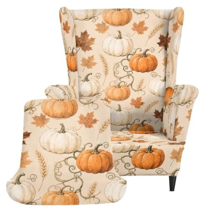 Fall Pumpkin Wingback Chair Slipcover Set - Beige Autumn Decor with Pattern
