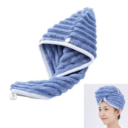 Microfiber Hair Towel with Button for Women - Blue, Quick-Dry, Absorbent