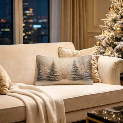 Christmas Tree Winter Scene Pillow Cover 20x12 Rustic Holiday Decor Snowy Forest Lumbar