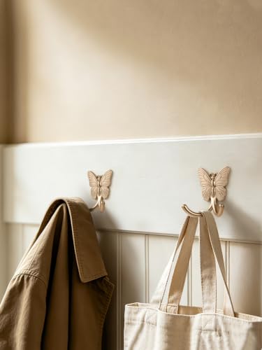 2 Pack Antique Brass Butterfly Adhesive Coat Hooks - No Drill Wall Mount
