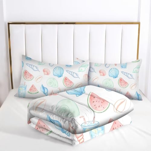 Girls Watercolor Seashell Watermelon Comforter Set Twin - Summer Vibe