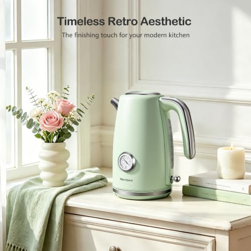 Electric Kettle 1.7L Retro Green Fast Boil with Thermometer & Water Level Window
