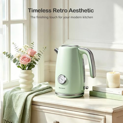 Electric Kettle 1.7L Retro Green Fast Boil with Thermometer & Water Level Window