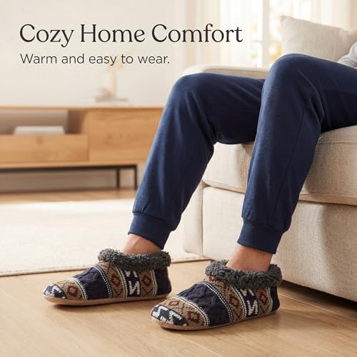 Men's Fuzzy Slippers 2-Pack with Non-Slip Soles - Grey & Navy, Size 12-13