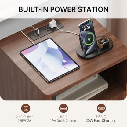 Fluted Nightstand with Charging Station (Walnut) — 2 AC, USB-A, USB-C