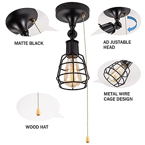 Industrial Farmhouse Close to Ceiling Light with Pull Chain 1 Light Black Semi Flush Mount Ceiling Light Adjustable Metal Cage Directional Wall Sconce Wall Lamp with Pull String for Kitchen Laundry