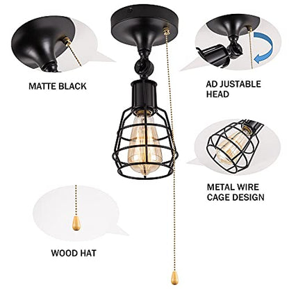 Industrial Farmhouse Close to Ceiling Light with Pull Chain 1 Light Black Semi Flush Mount Ceiling Light Adjustable Metal Cage Directional Wall Sconce Wall Lamp with Pull String for Kitchen Laundry