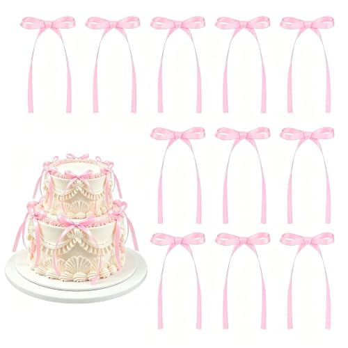 36 Pink Satin Bow Cake Toppers for Desserts & Party Decorations