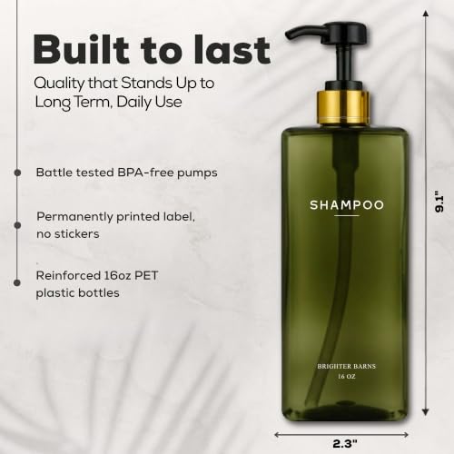 Green Refillable Shampoo and Conditioner Dispenser Set - 16oz Bathroom Bottles with Pump - Eco-Friendly Shower Organizer - Brighter Barns