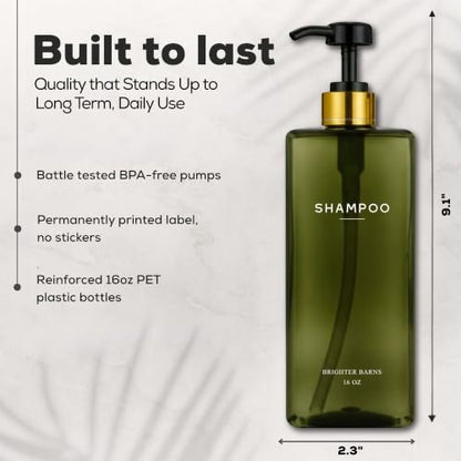 Green Refillable Shampoo and Conditioner Dispenser Set - 16oz Bathroom Bottles with Pump - Eco-Friendly Shower Organizer - Brighter Barns