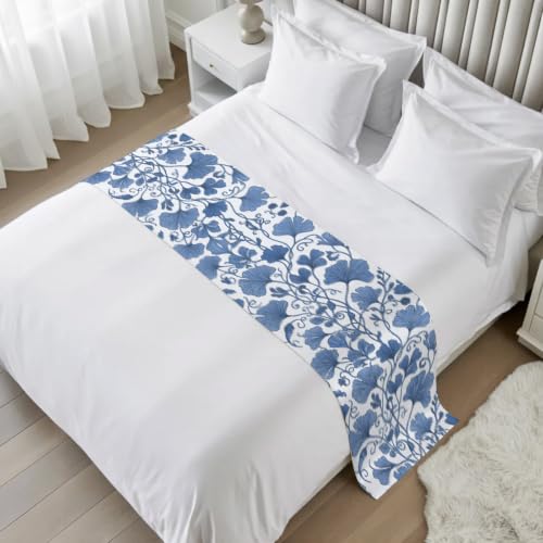 Blue Ginkgo Leaf Bed Runner Cal King Size Farmhouse Botanical Table & Bed Decor - 102x20