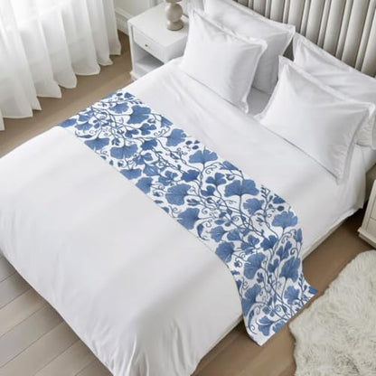 Blue Ginkgo Leaf Bed Runner Cal King Size Farmhouse Botanical Table & Bed Decor - 102x20
