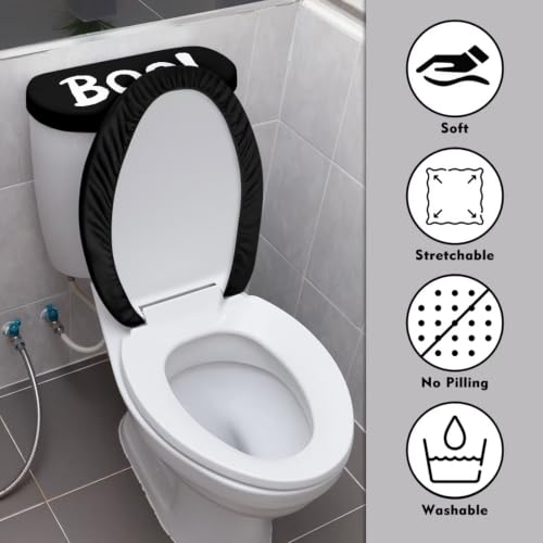 Boo Ghost Toilet Seat Cover Set Black & White Halloween Toilet Lid & Tank Cover, Machine Washable