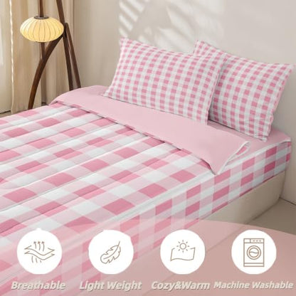 Kids Comforter Set Twin Size Pink Checkered Geometric Grid Bedding Set with Zipper