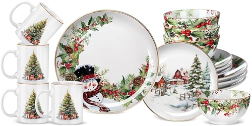 Christmas Snowman Dinnerware Set of 16 with Christmas Tree Variation