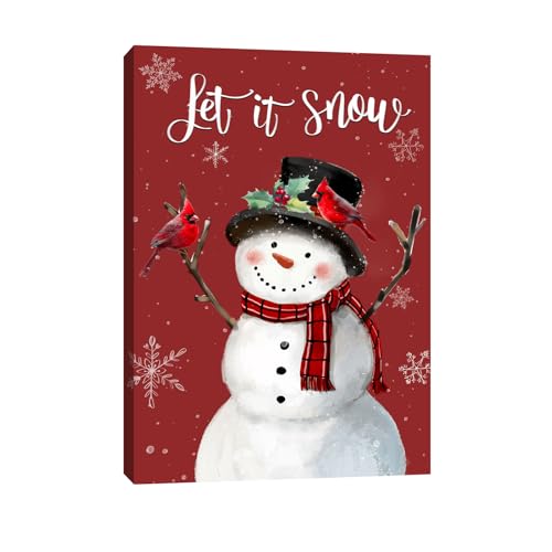 Snowman Christmas Wall Art Let It Snow Red Canvas 24x36 Inches - Holiday Decor