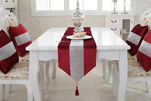 13x82 Inch Christmas Table Runner with Sequins Rhinestones and Tassels - Red