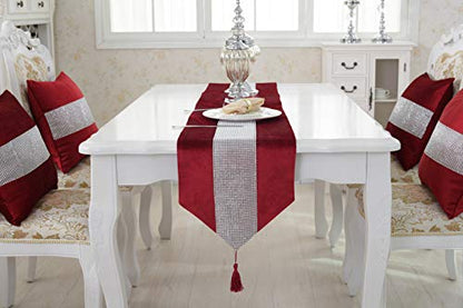13x82 Inch Christmas Table Runner with Sequins Rhinestones and Tassels - Red