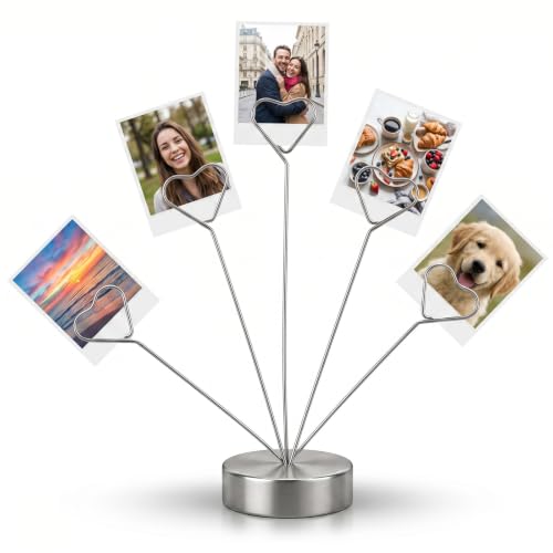 Heart-Shaped Photo Card Display Stand with 5 Clips - Metal Tabletop Decor