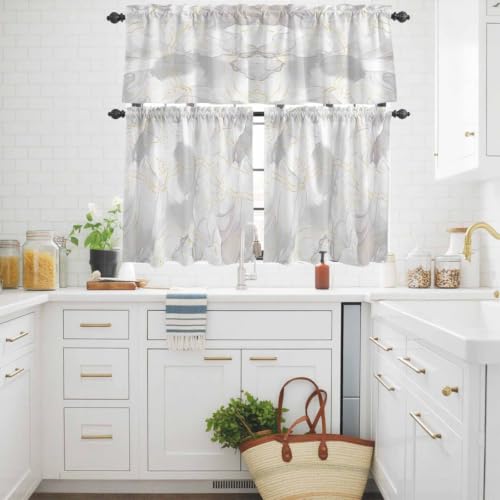 Grey Kitchen Tier and Valance Set 3 Piece - Natural White & Gold Stripe, 54x18in + 27.5x24in, Semi Sheer Window Curtains