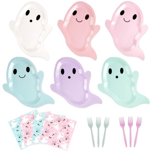 Pastel Ghost Halloween Plates & Napkins Set - Blue & Pink, 72 pcs