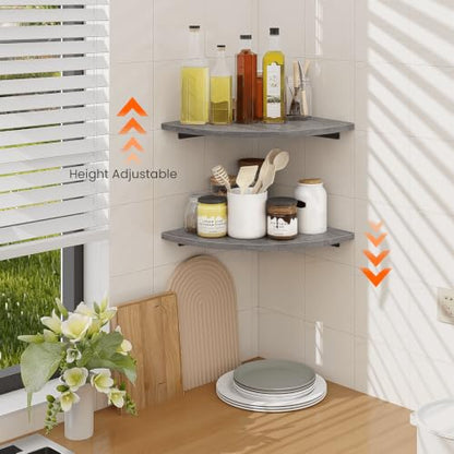 Grey Round Corner Wall Mount Floating Shelves Set of 2 - Rustic & Durable