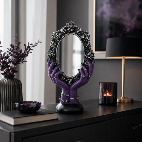 Purple Gothic Vanity Mirror with Witchy Hands and Black Rose Frame - Spooky Home Decor