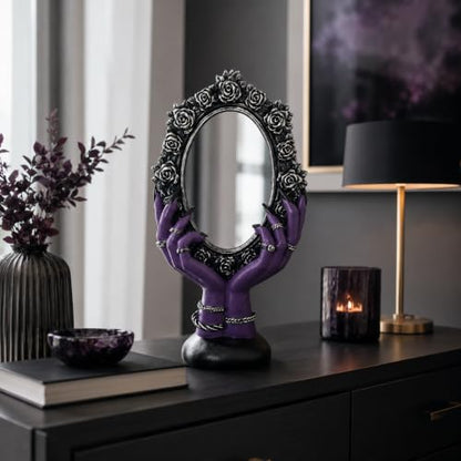 Purple Gothic Vanity Mirror with Witchy Hands and Black Rose Frame - Spooky Home Decor