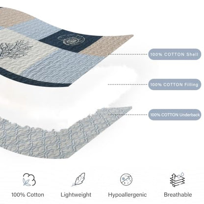 PERHOM Reversible Nautical Cotton Quilt Set Queen Navy Blue Light Blue Beige 98x90