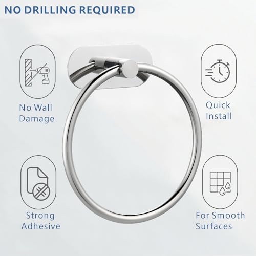 Self-Adhesive Towel Ring - No Drill Stainless Steel Wall Mount Bathroom Kitchen