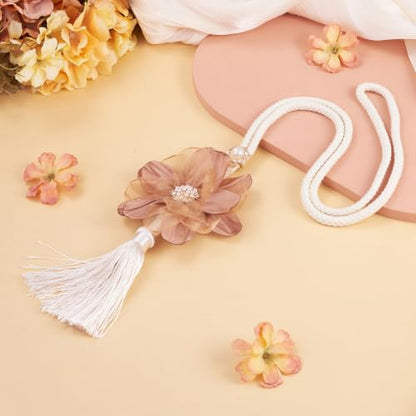 Sandy Brown Amber Flower Curtain Tiebacks with Tassel and Pearl Bead - 2 Pcs