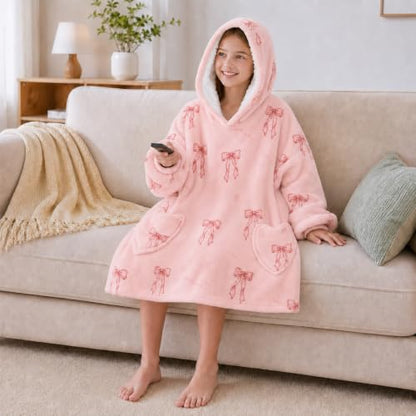 Kids Wearable Blanket Hoodie Pink Bow Oversized Cozy Winter Gift