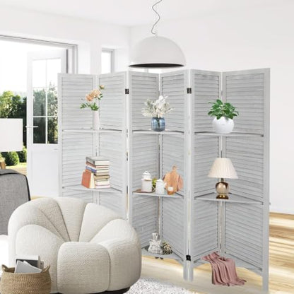 Room Divider with Shelves, 6 Panel Folding Privacy Screen – White, with 3 Shelves (Variation: White,6 Panel)