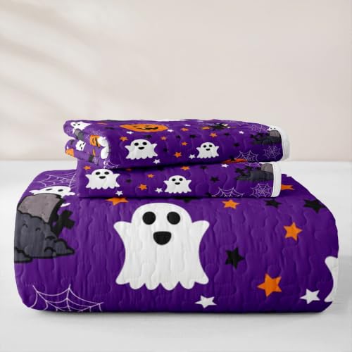 Halloween Quilt Set Black Purple Ghost & Pumpkin Bedding Twin Size with Pillowcases