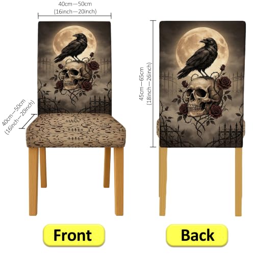 Black Skull Chair Covers for Dining Chairs - Gothic Roses Crow Halloween 6pcs