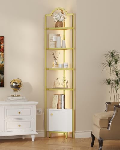 Corner Cabinet with LED Light and Glass Shelves for Living Room