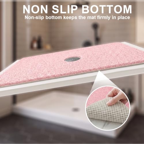 Pink Non Slip Shower Mat 24x24 Inch Square Loofah Bathmat with Drain Hole