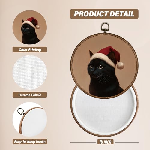 Black Cat Christmas Wall Art Decor - Round Holiday Wall Hanging, 10x10 Inch - Cat Variation