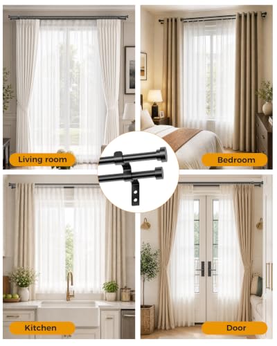 Poskena Double Curtain Rod for Windows 28-48 Inches Black - Adjustable 5/8 Inch Diameter, Pack of 1