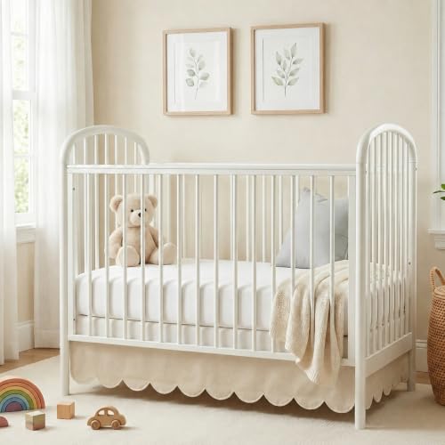 28x52 Inch Oatmeal Beige Crib Skirt with 14-Inch Drop and Scalloped Edges – Nursery Bed Skirt for Standard Cribs (Variation: Oatmeal / 28×52 in / 14 Inches)