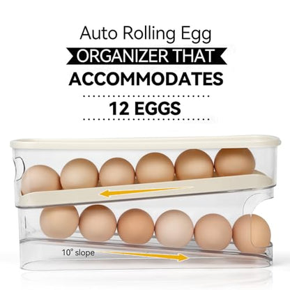 Egg Holder For Fridge With Lid - Auto Roll Down Egg Dispenser For Refrigerator Storage Organizer Space Saving Egg - Easy Access 2 Tier Egg Storage Rack (1 pcs)