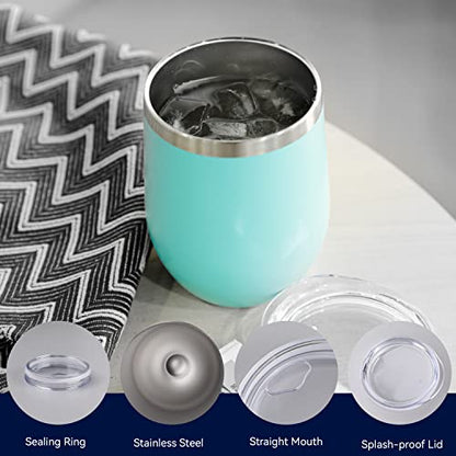 12oz Stainless Steel Wine Tumblers Set with Lids - Light Blue, Personalized Insulated Travel Cups, Bulk Pack of 12